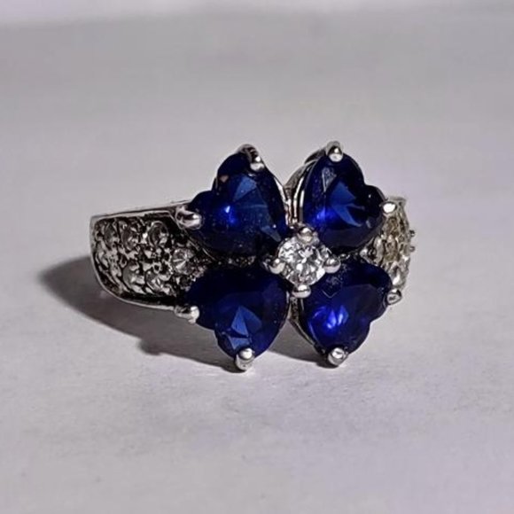 Vintage 925 Sterling Silver Heart Cut Blue Sapphire Ring - Picture 1 of 4